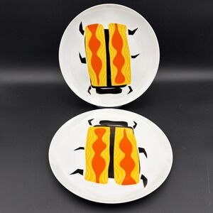 Crate & Barrel Jane Dixon Retro Beetle Bug Dinner Plates Yellow Orange Set of 2
